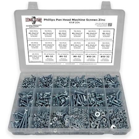 Boltsandnuts.Com Inch Phillips Pan Head Machine Screws, Hex Nuts, Flat & Lock Washers - 1921 PCS Assortment Kit #204